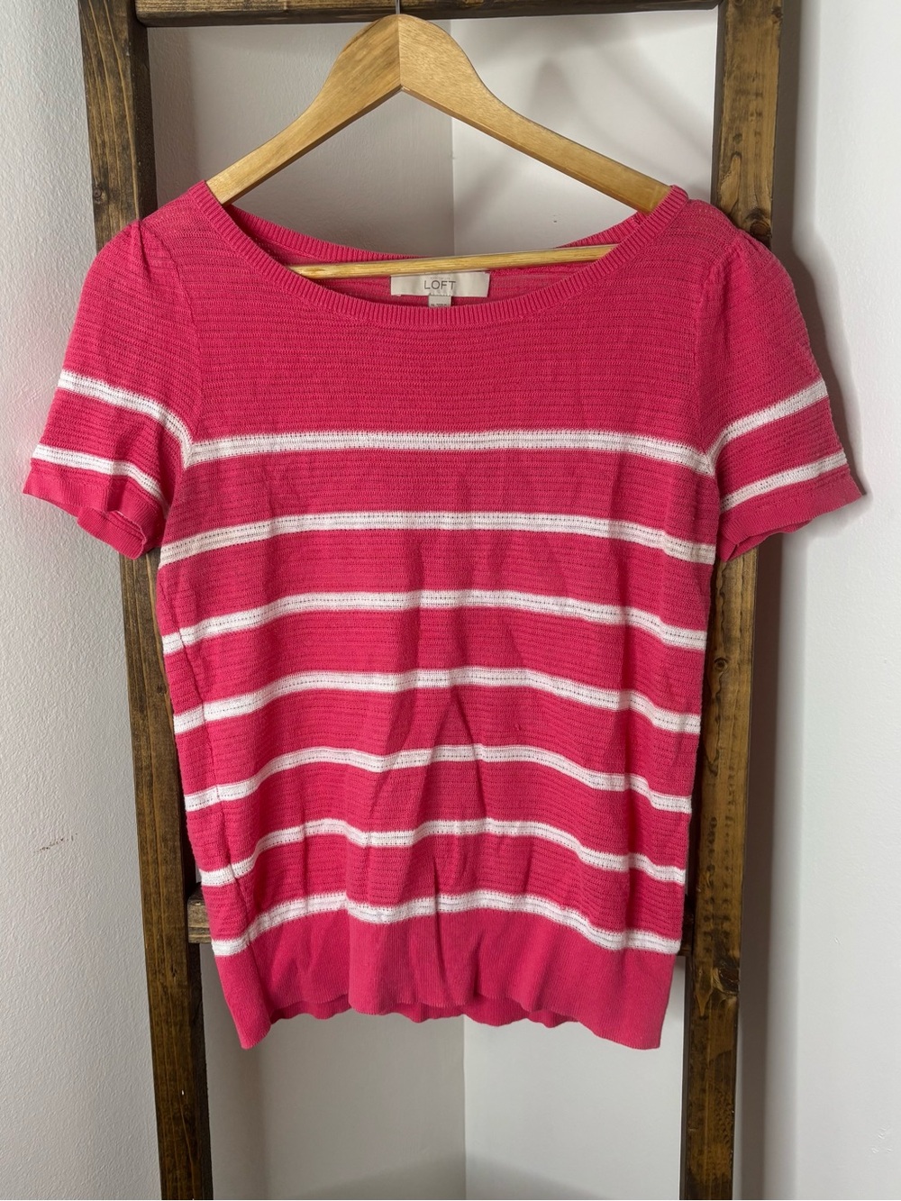 LOFT Fuchsia and White Striped Short Sleeve Knit Top Size M